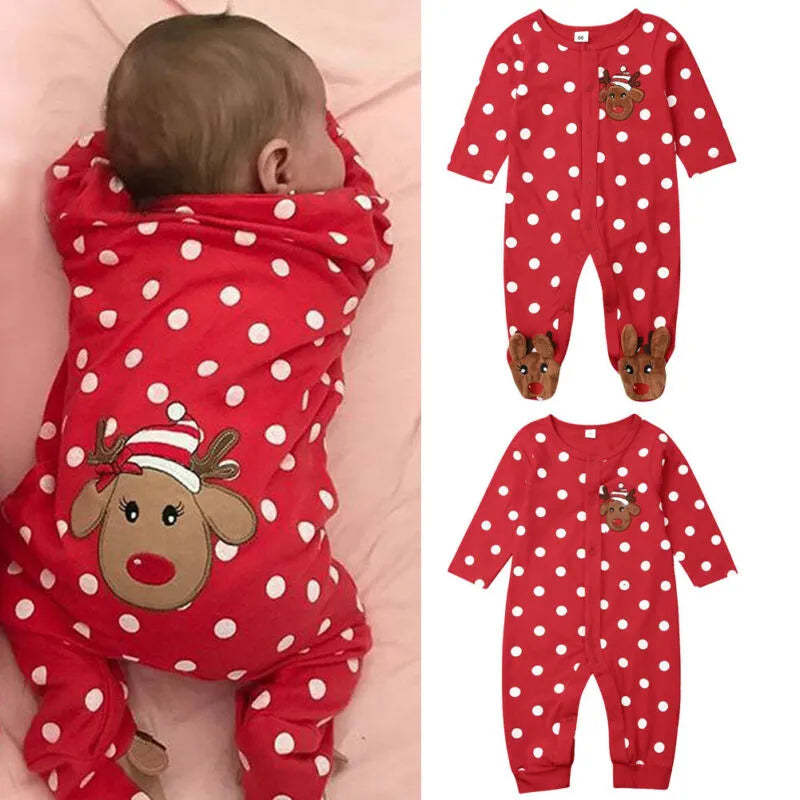 Baby Christmas Outfit - Printed Long Sleeve One-Piece Xmas Romper for Newborn Boys and Girls
