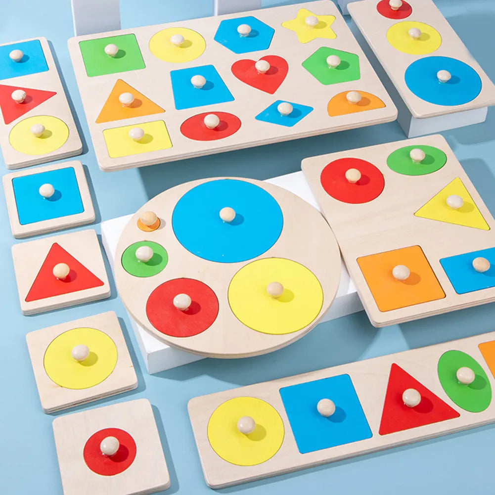Geometric Shape Wooden Jigsaw Puzzle for Kids Three-Dimensional Hand Grabbing Board Children Early Educational Toys