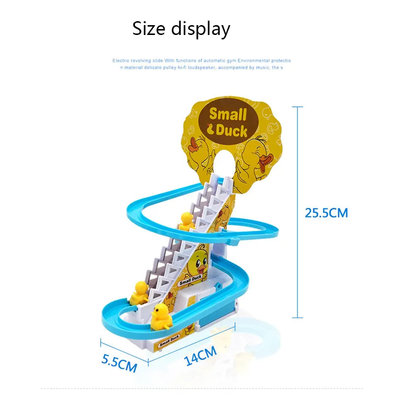 New Electric Duck Climbing Stairs Track Toys Cartoon Train Duck For Children Electronic Music Kids Funny Birthday Gift
