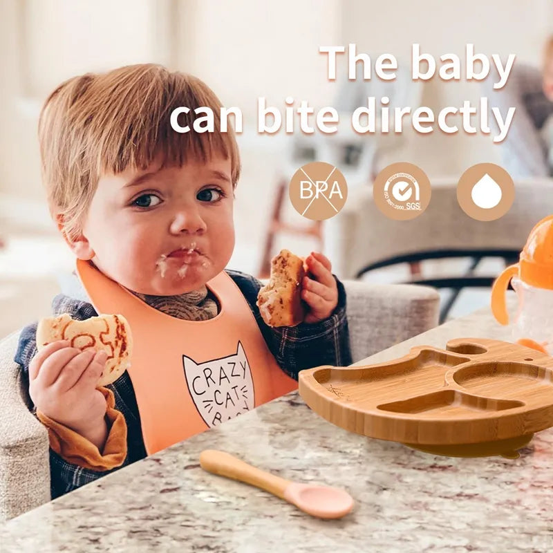 Natural Bamboo Baby Weaning Set with Suction Base - Wooden Plates and Utensils Included