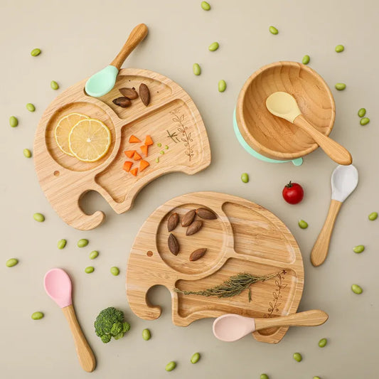 Natural Bamboo Baby Weaning Set with Suction Base - Wooden Plates and Utensils Included