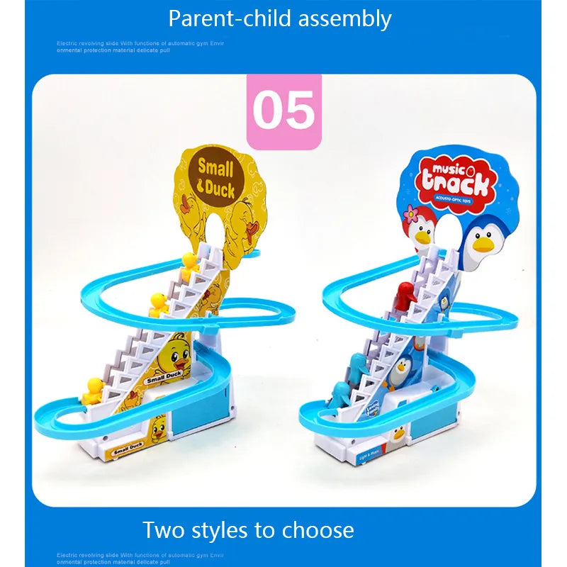 New Electric Duck Climbing Stairs Track Toys Cartoon Train Duck For Children Electronic Music Kids Funny Birthday Gift