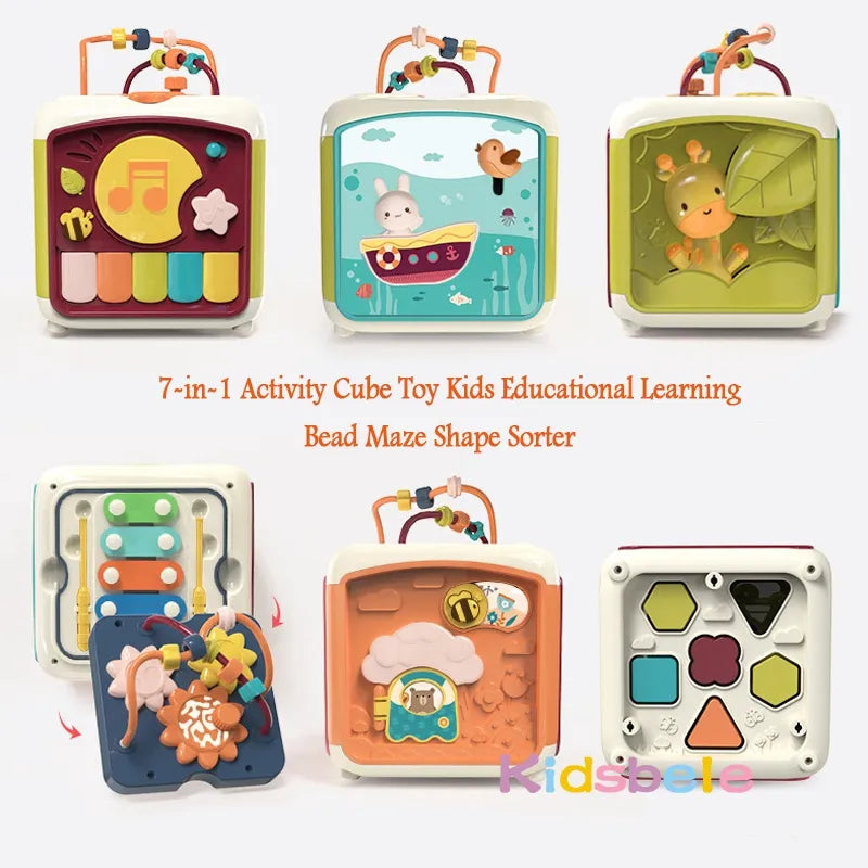 7-in-1 Baby Activity Cube - Educational Shape Sorter, Musical Toy, Bead Maze, and More for Kids' Learning