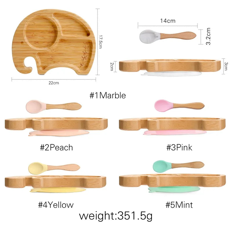 Natural Bamboo Baby Weaning Set with Suction Base - Wooden Plates and Utensils Included