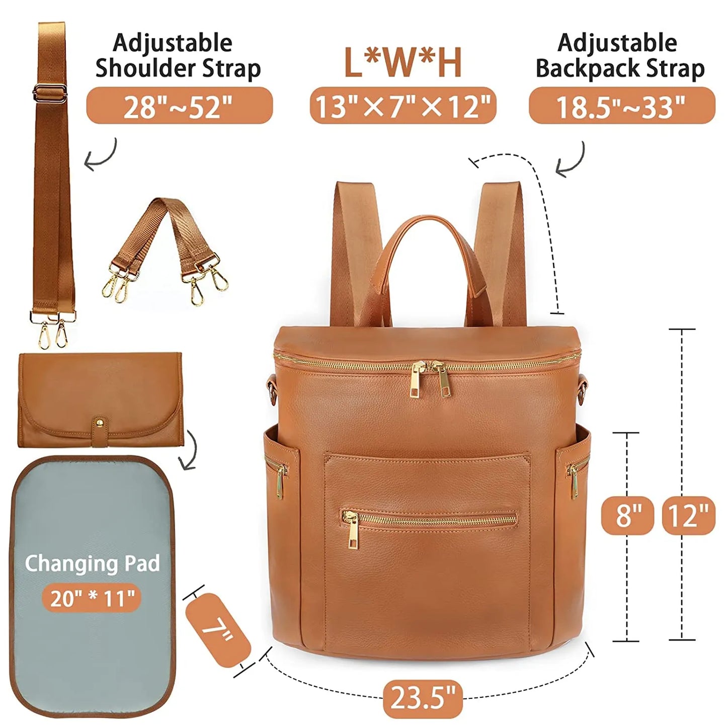Leather Diaper Bag Mommy Backpack with Changing Pad - Baby Organizer Nappy Bag for Mom and Dad
