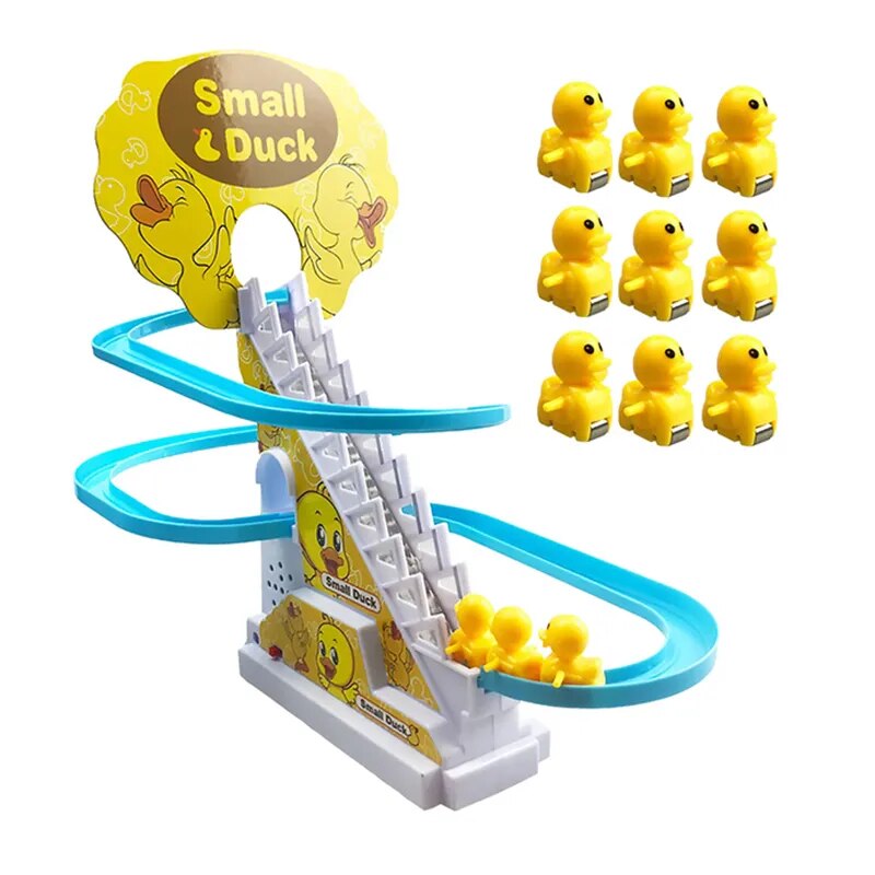 New Electric Duck Climbing Stairs Track Toys Cartoon Train Duck For Children Electronic Music Kids Funny Birthday Gift