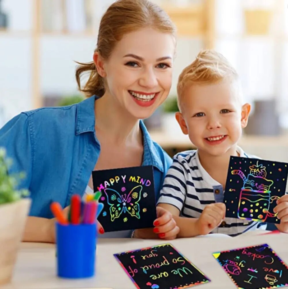 100Pcs Magic Color Rainbow Scratch Mini Notes Paper Pad Cards With Stylus Children Kids Draw Painting Toys Craft Gift DIY Toys