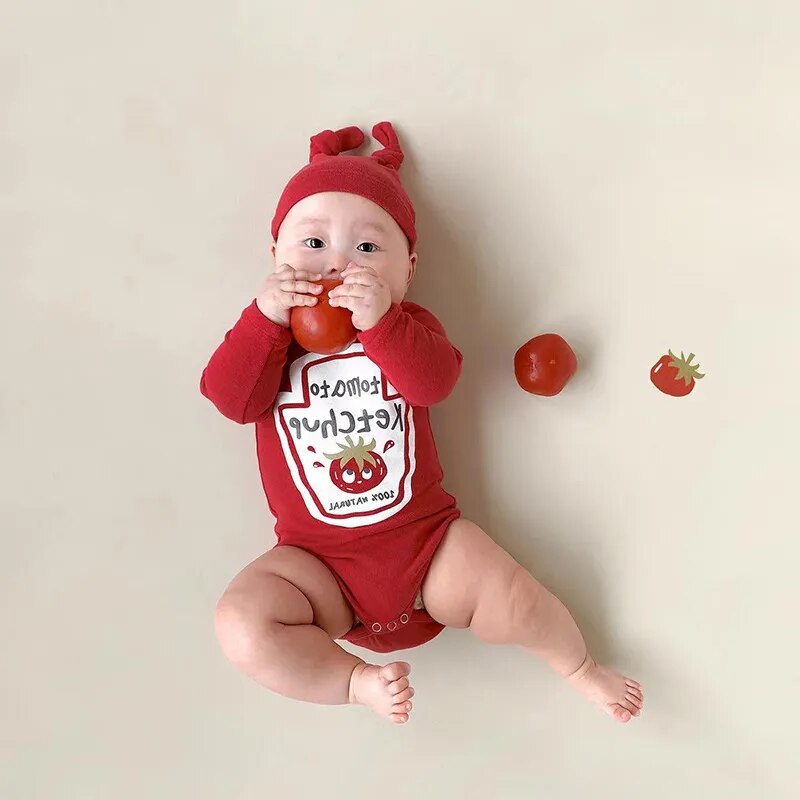 Korean Fruit Letter Print Newborn Baby Bodysuit Onesie with Hat - Spring Harbin Clothing for Boys
