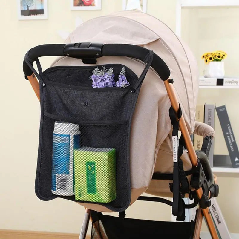 Versatile Double Layer Stroller Hanging Bag with Net and Bottle Cup Storage