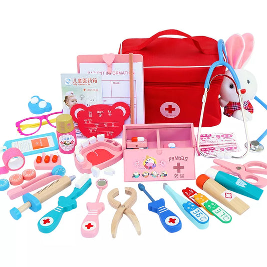 Kids Wooden Doctor Pretend Play Set - Red Medical Kit Toys for Girls and Boys