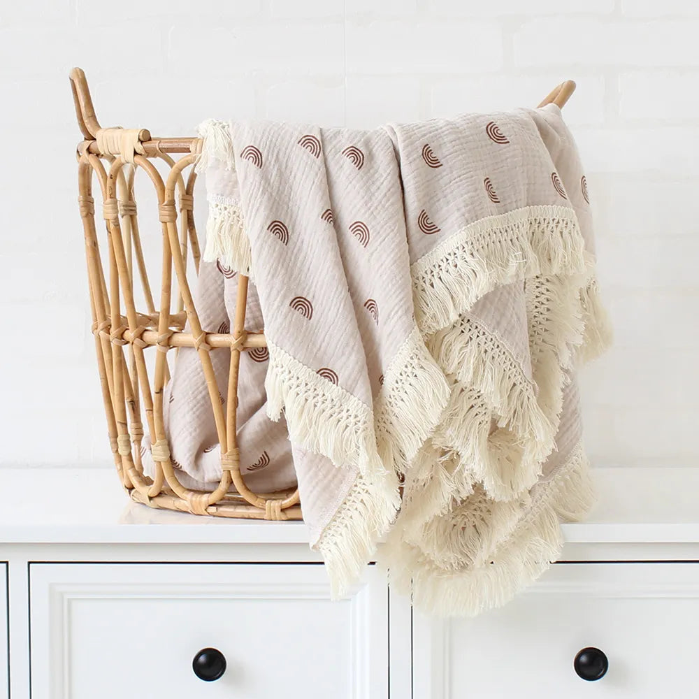 Newborn Baby Tassel Receiving Blanket - Muslin Cotton Baby Blankets, Infant Fringe Swaddle Blanket, Babies Sleeping Quilt Bed Cover