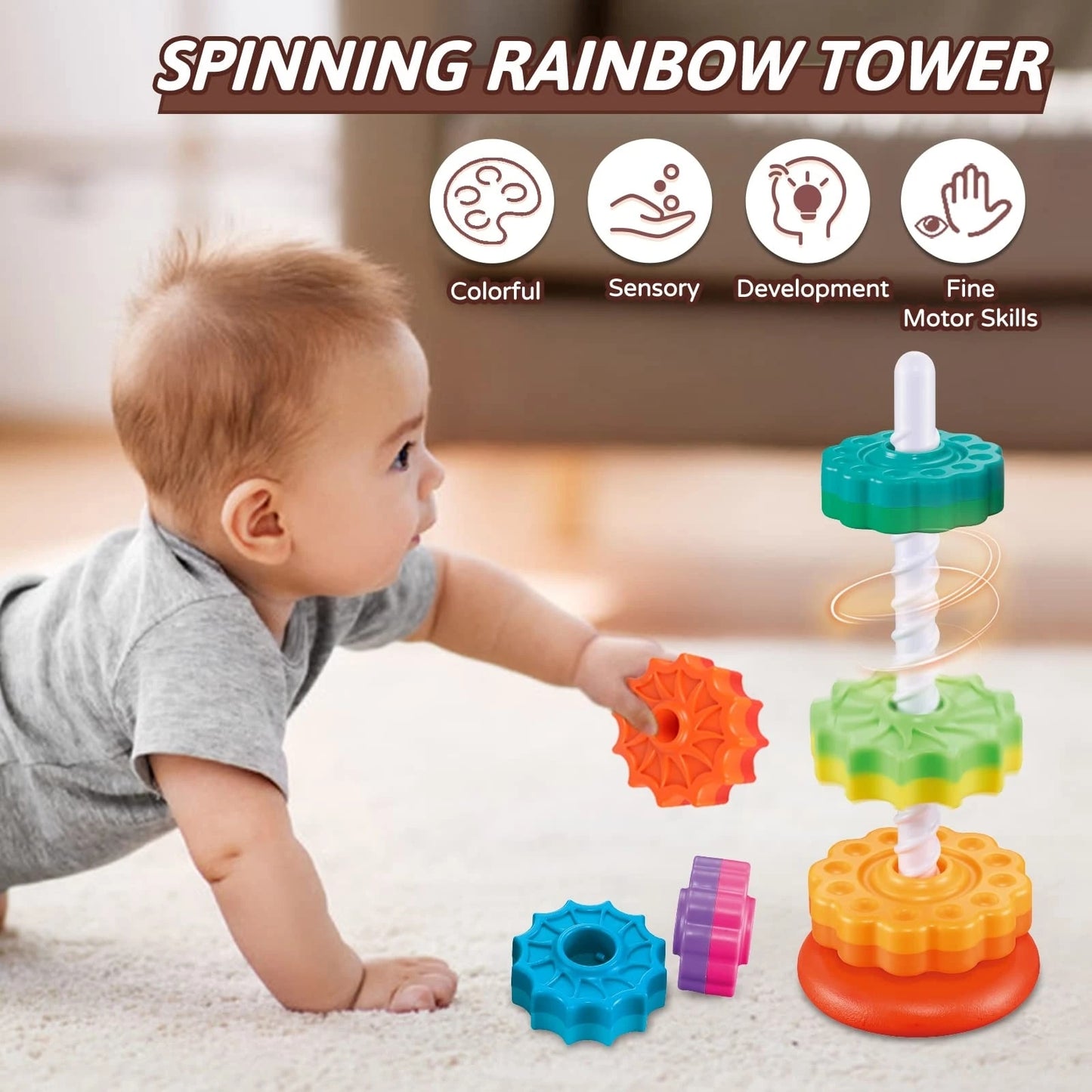Spinning and Stacking Toy: Rainbow Spin Tower for Toddler Learning and Sensory Exploration