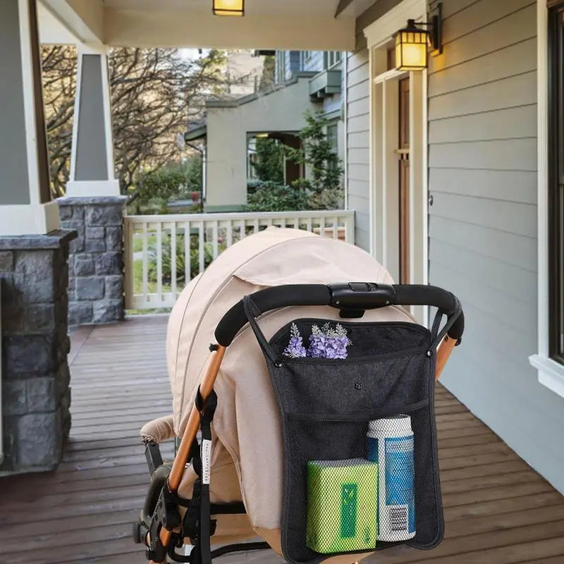 Versatile Double Layer Stroller Hanging Bag with Net and Bottle Cup Storage