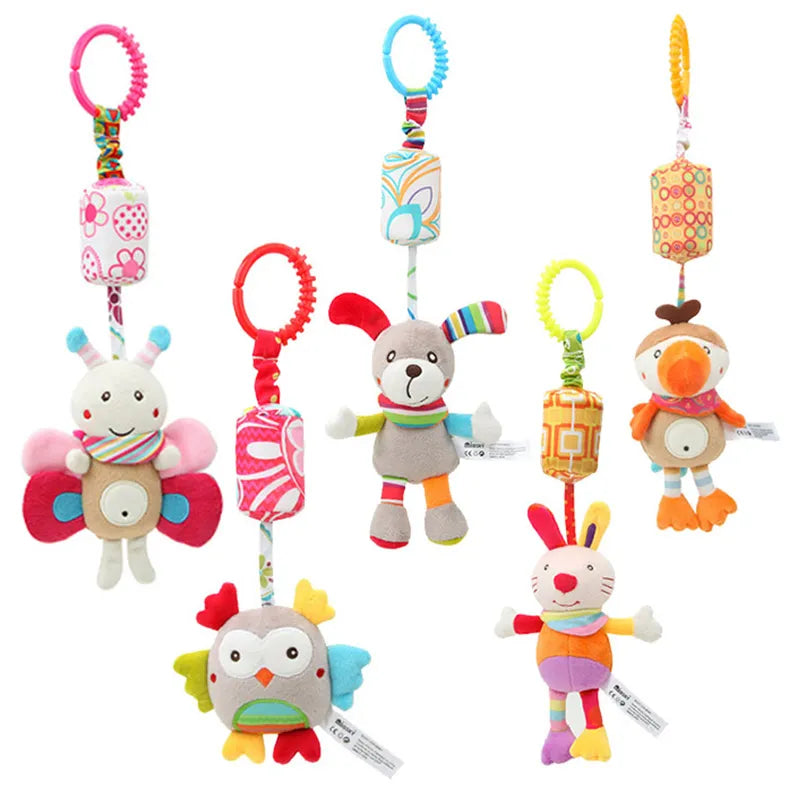 Soft Sensory Hanging Rattles - Plush Animals for Stroller, Crib, and Teething - Babies and Toddlers
