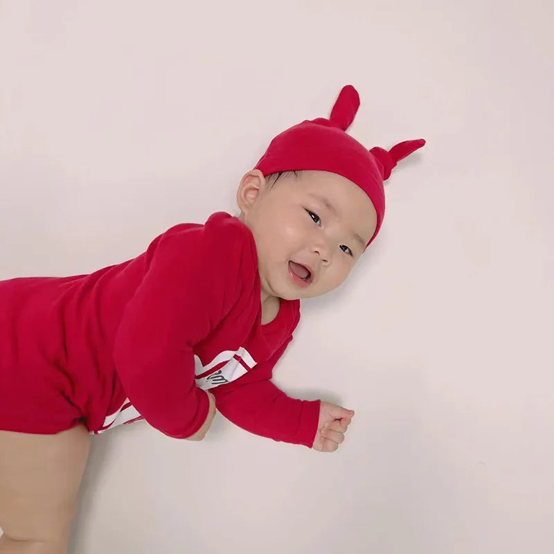Korean Fruit Letter Print Newborn Baby Bodysuit Onesie with Hat - Spring Harbin Clothing for Boys