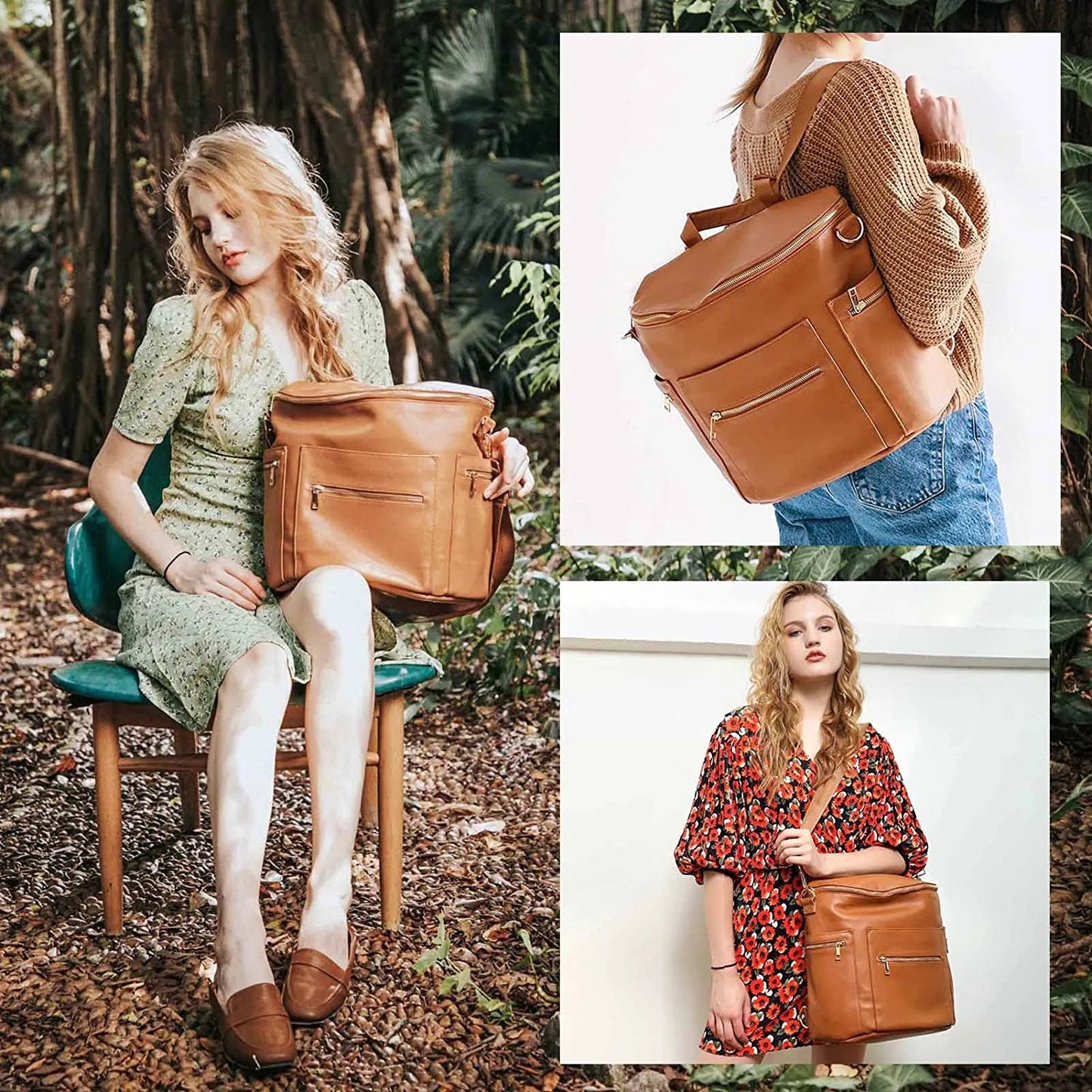Leather Diaper Bag Mommy Backpack with Changing Pad - Baby Organizer Nappy Bag for Mom and Dad
