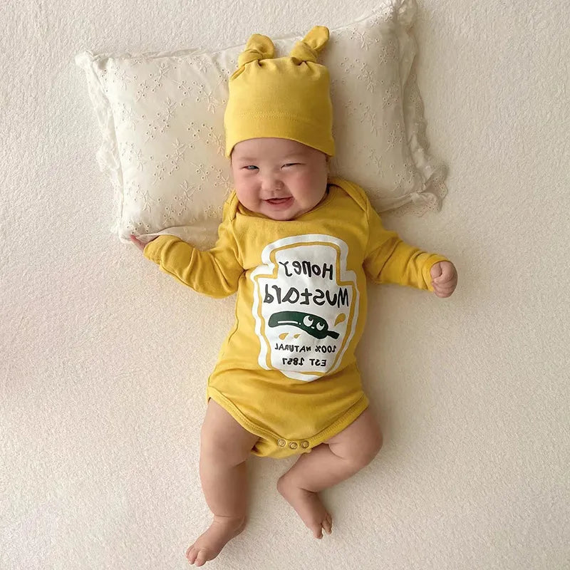 Korean Fruit Letter Print Newborn Baby Bodysuit Onesie with Hat - Spring Harbin Clothing for Boys