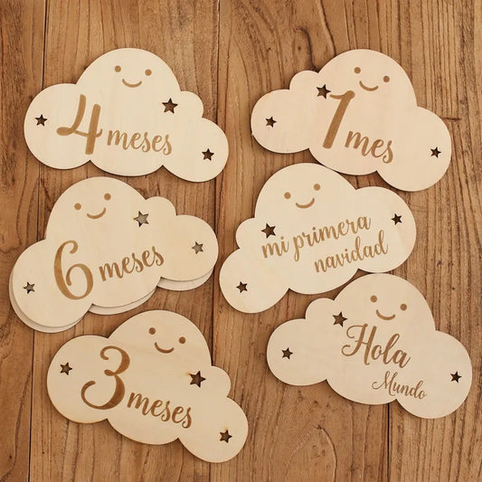 8pc/set Wooden Baby Milestone Cards - Cute Cloud Shape Photography Props, Month Cards Sticker, Newborn Gifts