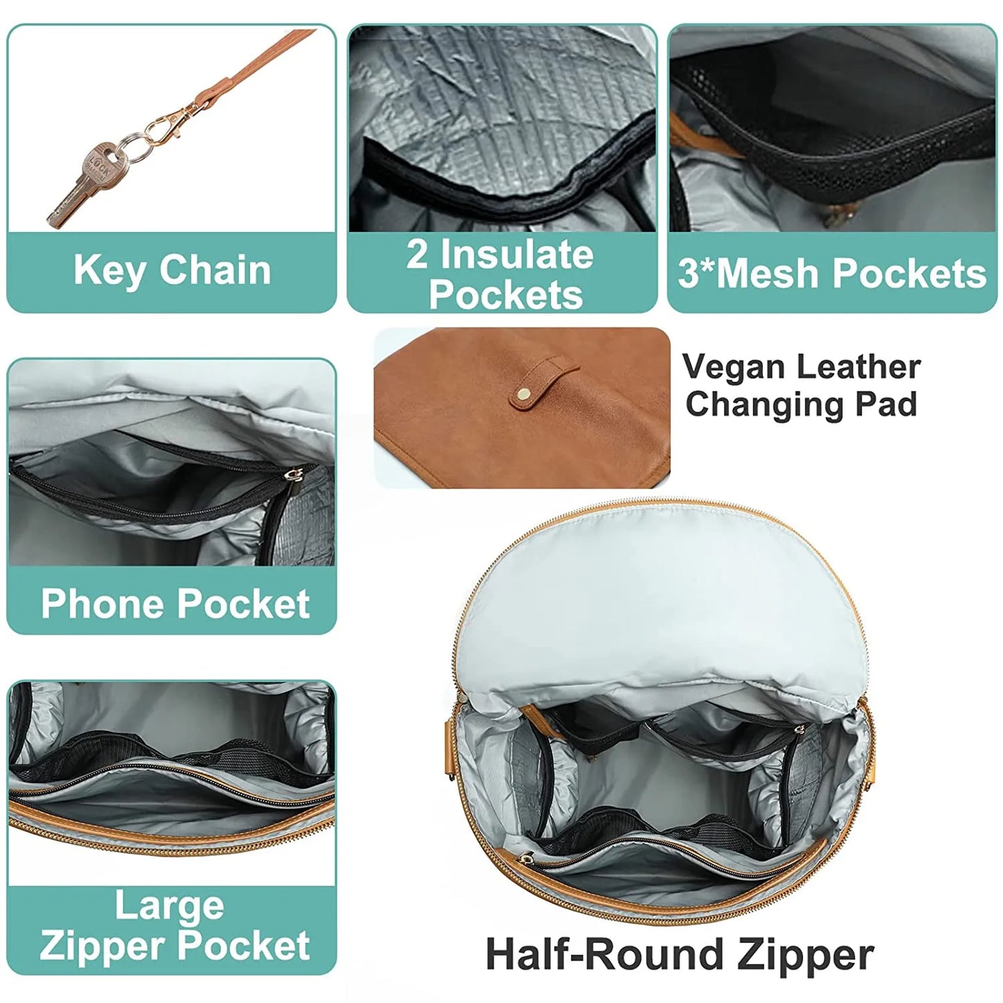 Leather Diaper Bag Mommy Backpack with Changing Pad - Baby Organizer Nappy Bag for Mom and Dad