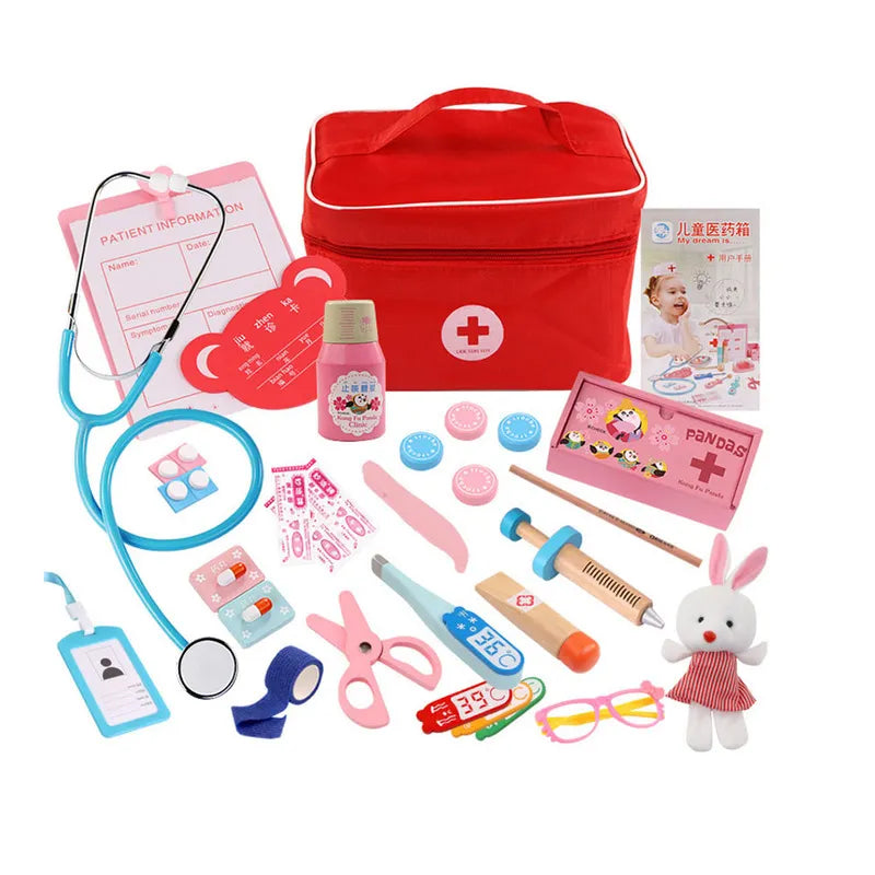 Kids Wooden Doctor Pretend Play Set - Red Medical Kit Toys for Girls and Boys