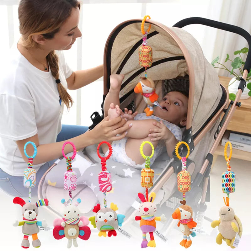 Soft Sensory Hanging Rattles - Plush Animals for Stroller, Crib, and Teething - Babies and Toddlers