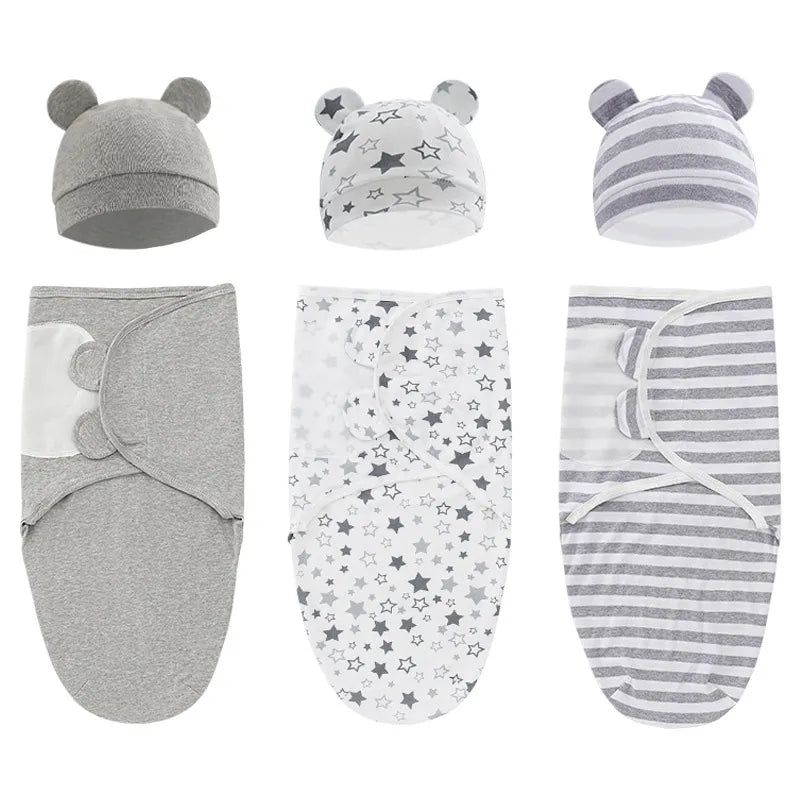Cotton Newborn Sleepsack Baby Swaddle Blanket Set with Hat - Adjustable Infant Sleeping Bag Muslin Blankets 0-6M (1/2PCS)