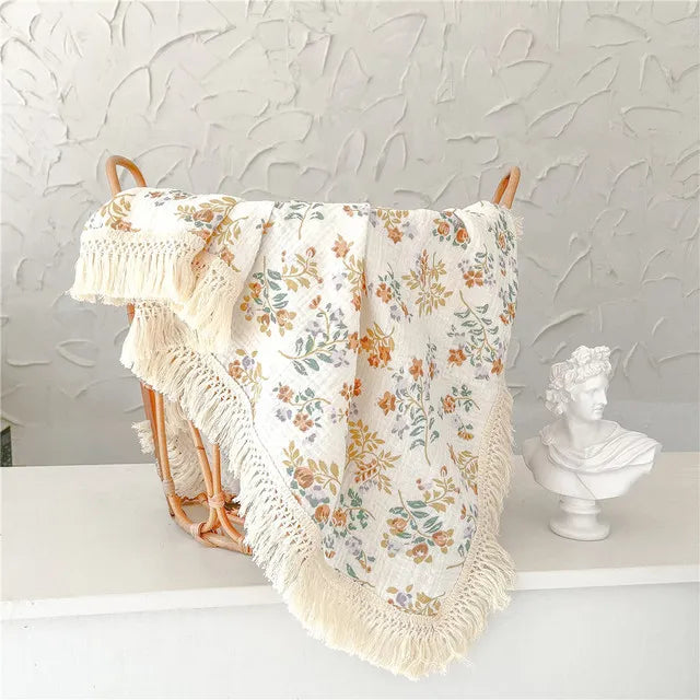 Newborn Baby Tassel Receiving Blanket - Muslin Cotton Baby Blankets, Infant Fringe Swaddle Blanket, Babies Sleeping Quilt Bed Cover