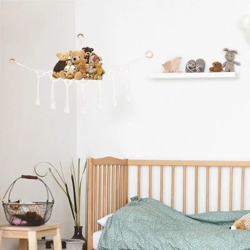 Boho Corner Hammock for Stuffed Animals and Baby Toys - Stylish Wall Hanging Storage Organizer with Woven Cotton Rope Mesh Bag