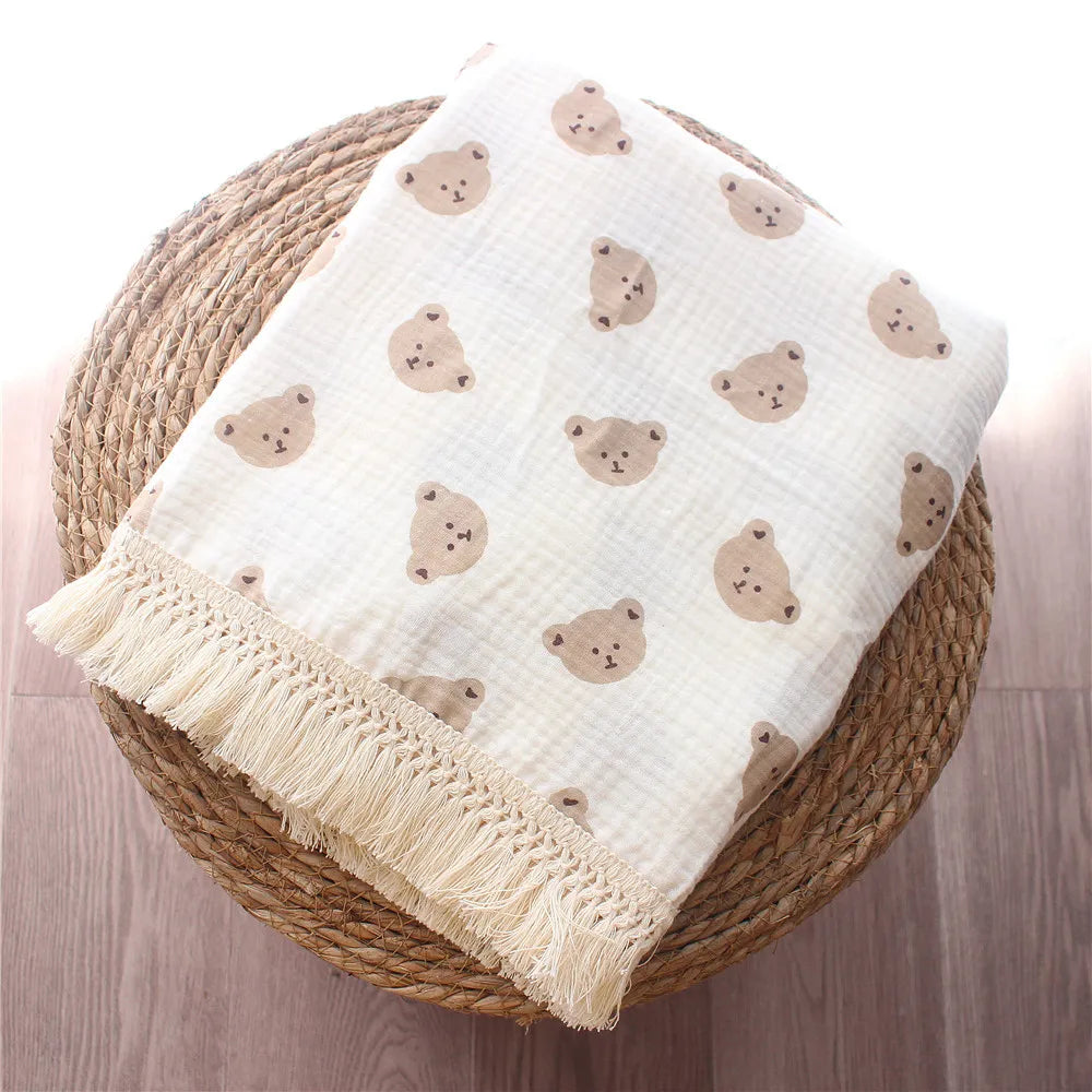 Newborn Baby Tassel Receiving Blanket - Muslin Cotton Baby Blankets, Infant Fringe Swaddle Blanket, Babies Sleeping Quilt Bed Cover