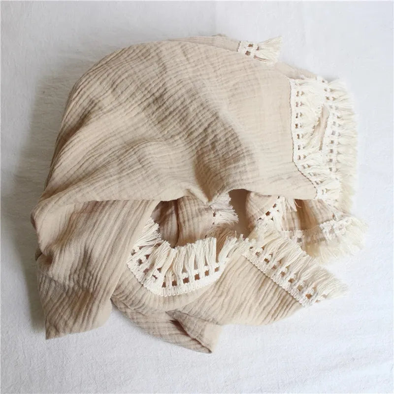Newborn Baby Tassel Receiving Blanket - Muslin Cotton Baby Blankets, Infant Fringe Swaddle Blanket, Babies Sleeping Quilt Bed Cover