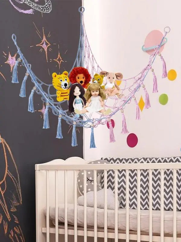 Boho Corner Hammock for Stuffed Animals and Baby Toys - Stylish Wall Hanging Storage Organizer with Woven Cotton Rope Mesh Bag
