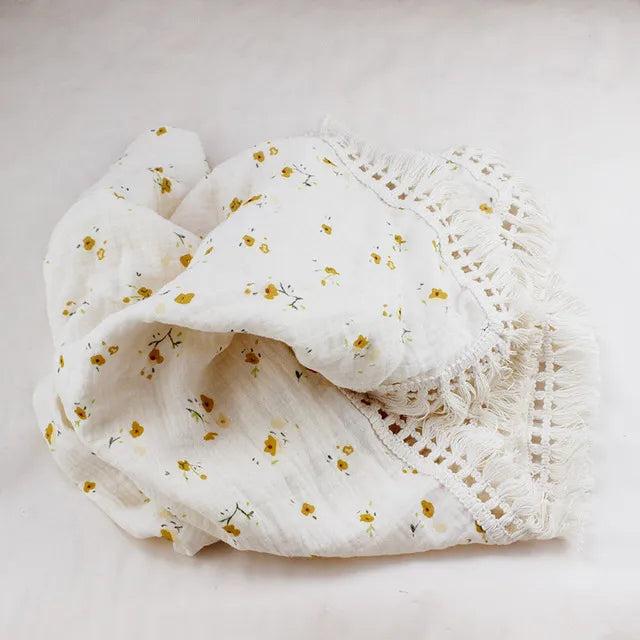 Newborn Baby Tassel Receiving Blanket - Muslin Cotton Baby Blankets, Infant Fringe Swaddle Blanket, Babies Sleeping Quilt Bed Cover