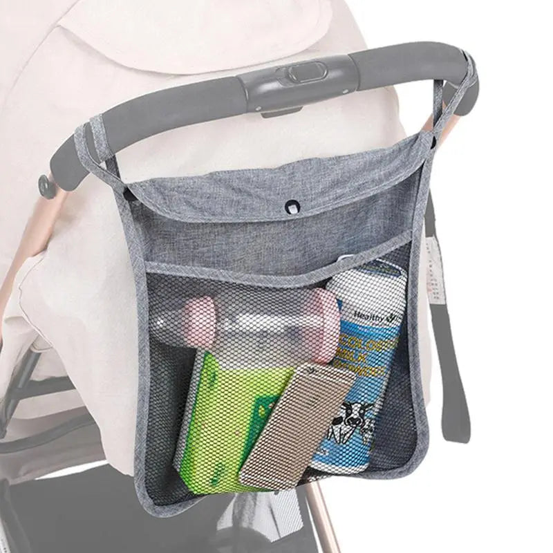 Versatile Double Layer Stroller Hanging Bag with Net and Bottle Cup Storage