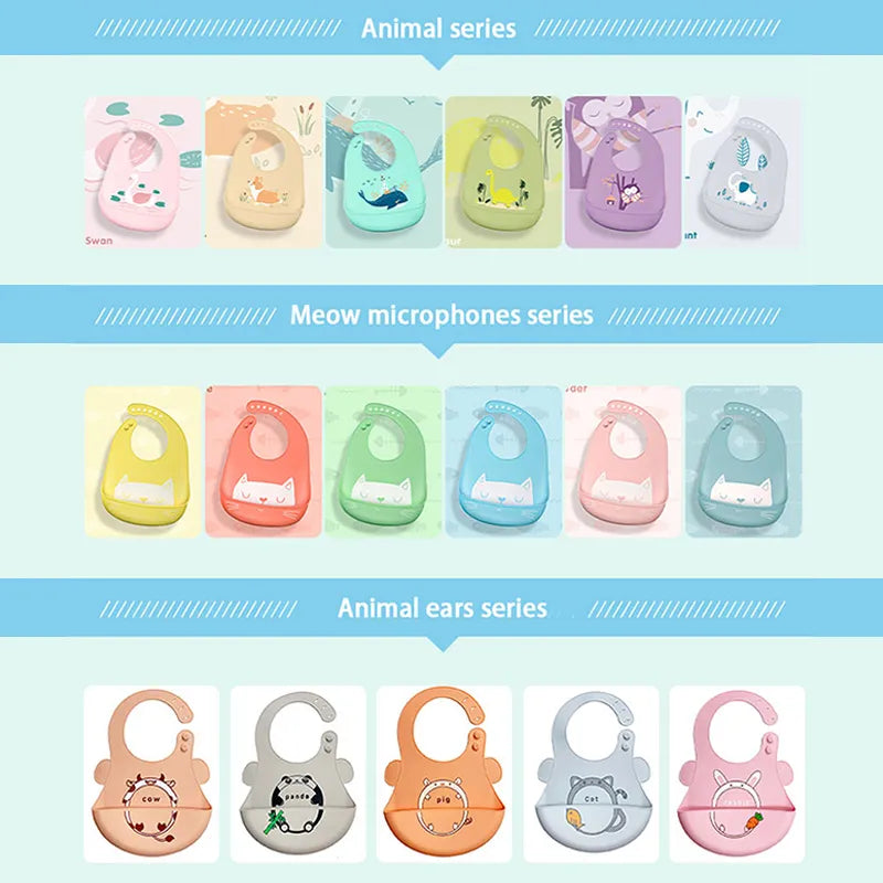 Silicone Baby Bib - Waterproof Kids Boy Girl Feeding Apron, Adjustable Feeding Bib, Food-Grade Cartoon Burp Scarf, Toddler Burp Bib