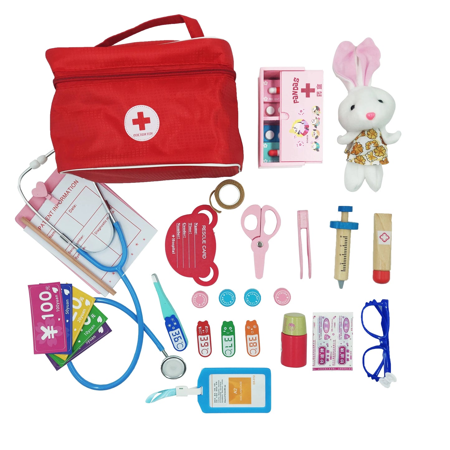 Kids Wooden Doctor Pretend Play Set - Red Medical Kit Toys for Girls and Boys