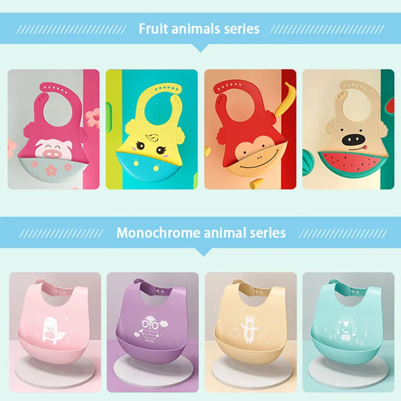 Silicone Baby Bib - Waterproof Kids Boy Girl Feeding Apron, Adjustable Feeding Bib, Food-Grade Cartoon Burp Scarf, Toddler Burp Bib