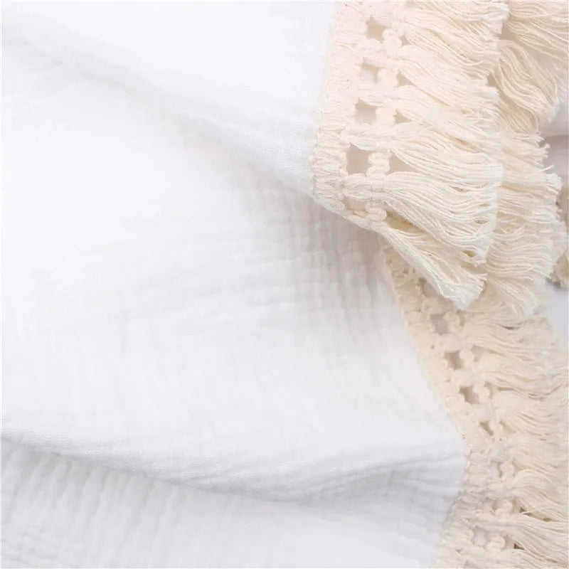 Newborn Baby Tassel Receiving Blanket - Muslin Cotton Baby Blankets, Infant Fringe Swaddle Blanket, Babies Sleeping Quilt Bed Cover
