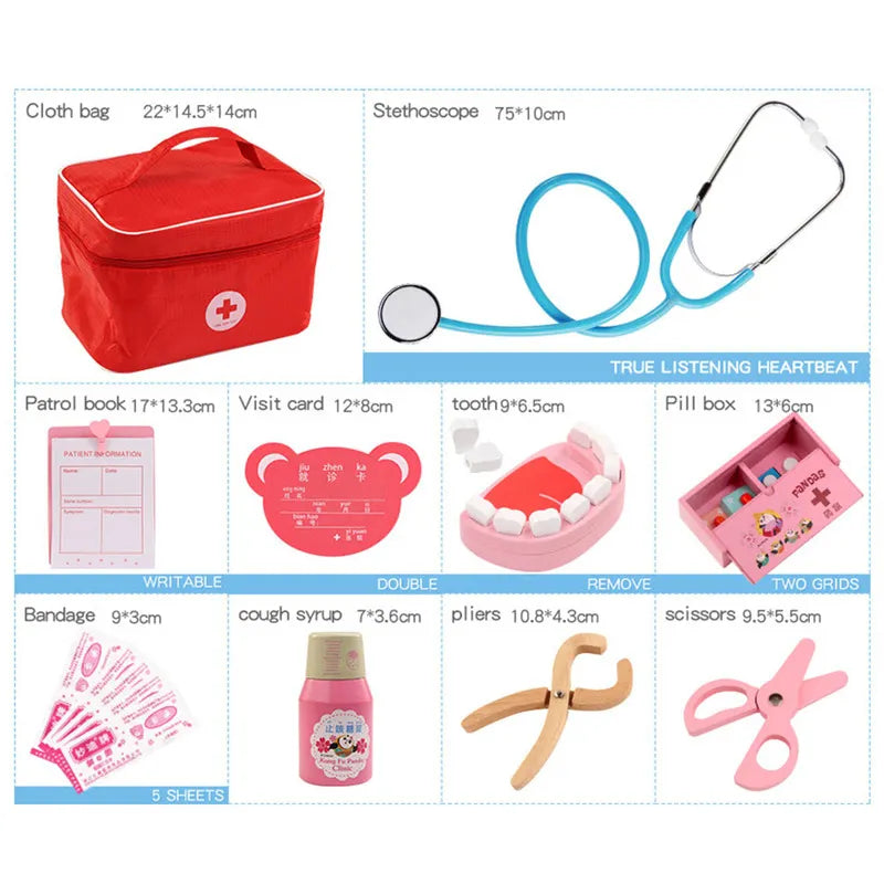 Kids Wooden Doctor Pretend Play Set - Red Medical Kit Toys for Girls and Boys
