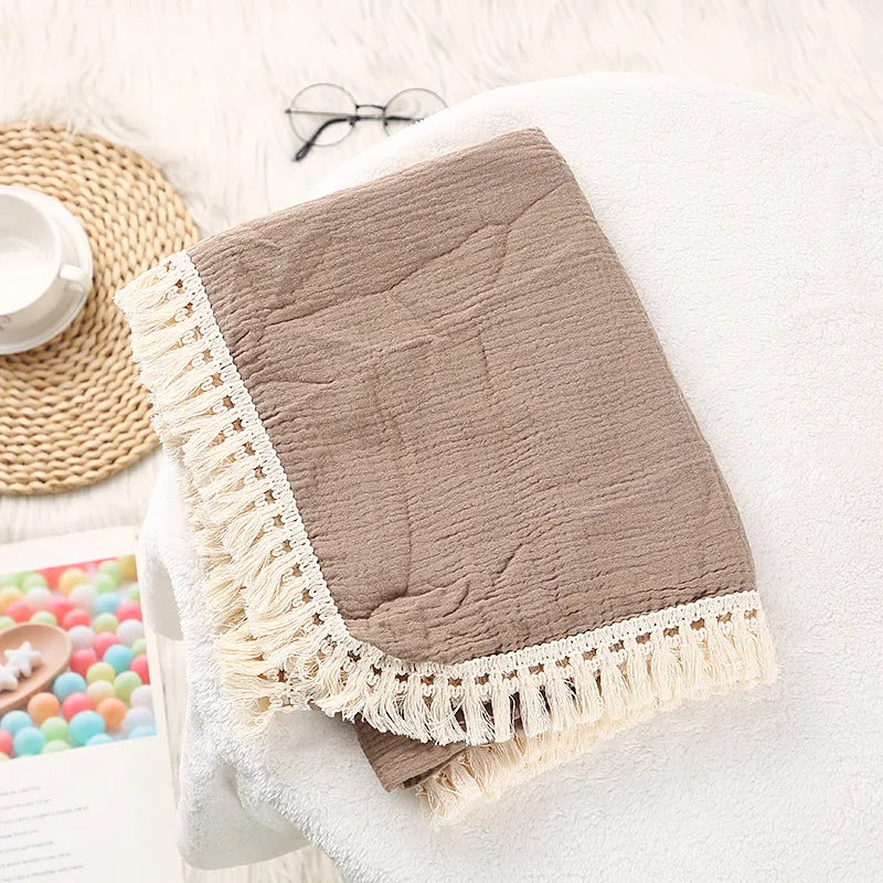 Newborn Baby Tassel Receiving Blanket - Muslin Cotton Baby Blankets, Infant Fringe Swaddle Blanket, Babies Sleeping Quilt Bed Cover