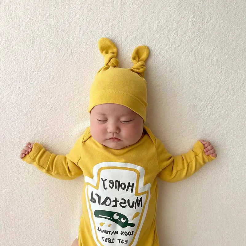 Korean Fruit Letter Print Newborn Baby Bodysuit Onesie with Hat - Spring Harbin Clothing for Boys
