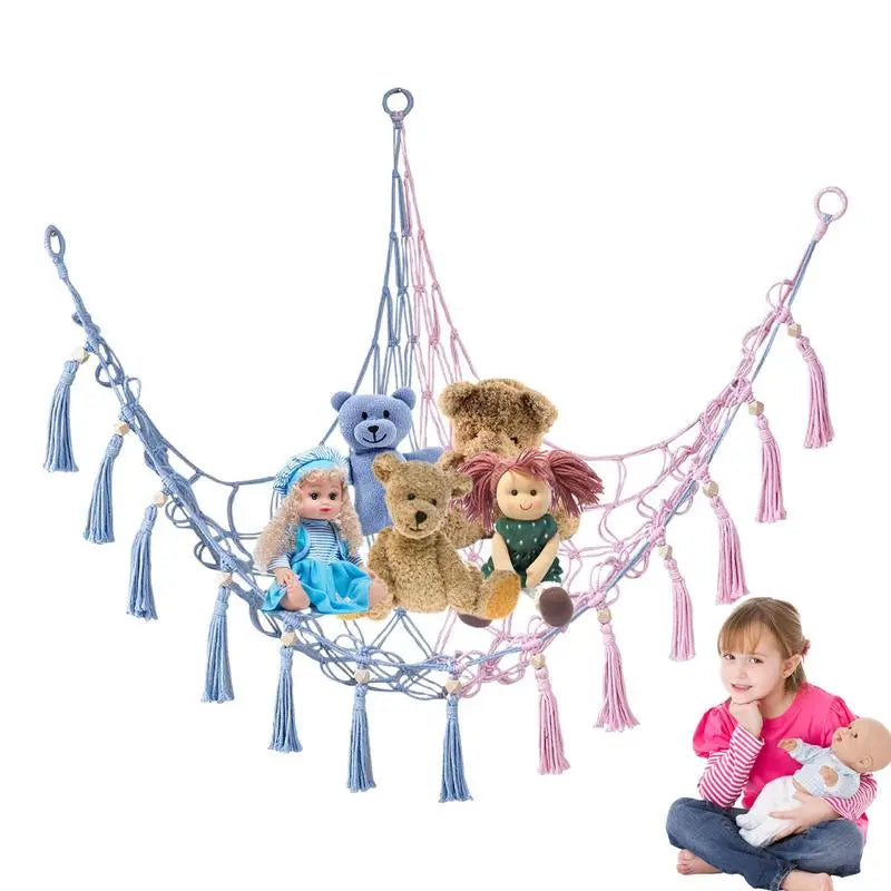 Boho Corner Hammock for Stuffed Animals and Baby Toys - Stylish Wall Hanging Storage Organizer with Woven Cotton Rope Mesh Bag