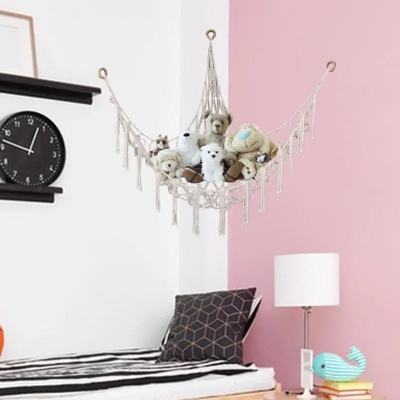 Boho Corner Hammock for Stuffed Animals and Baby Toys - Stylish Wall Hanging Storage Organizer with Woven Cotton Rope Mesh Bag