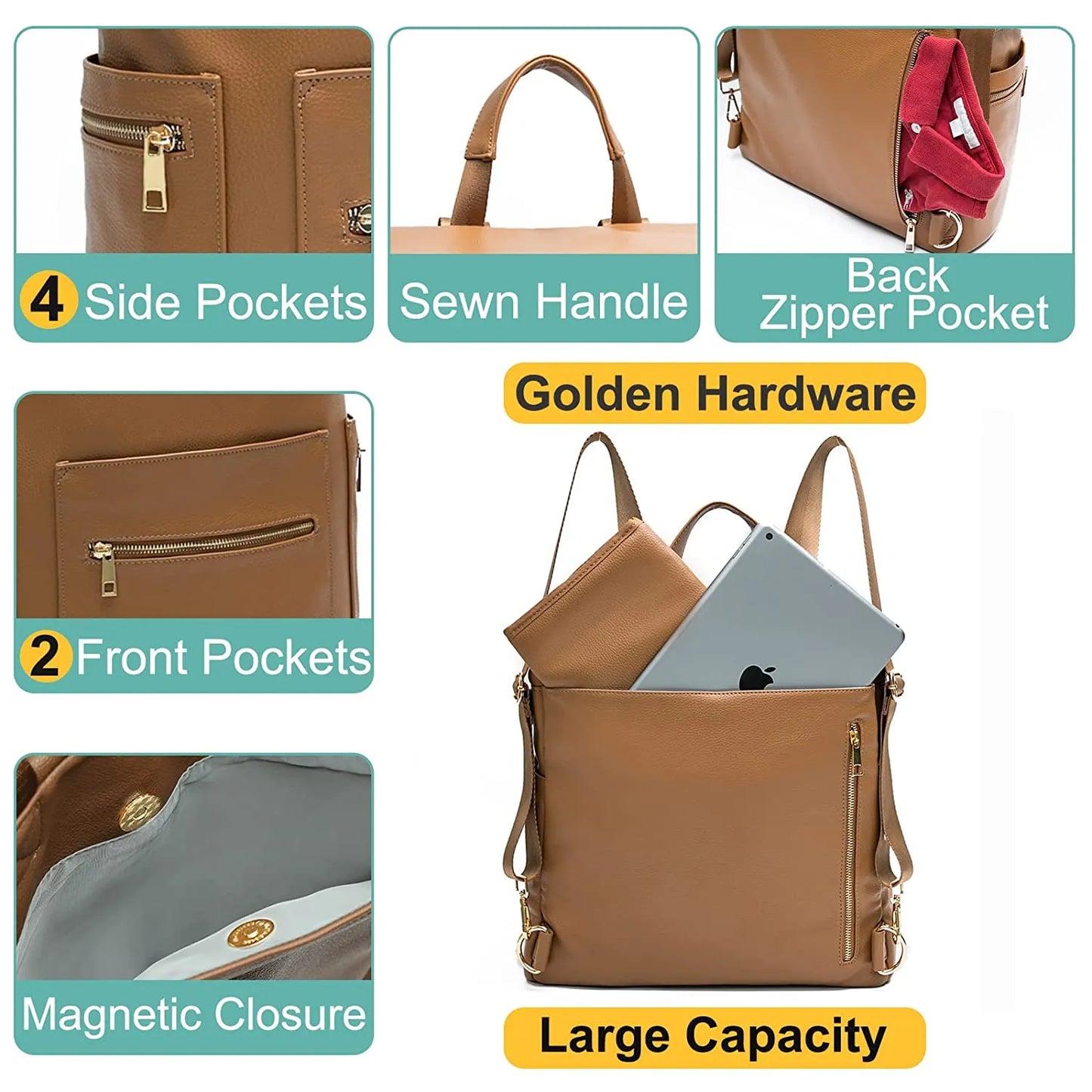Leather Diaper Bag Mommy Backpack with Changing Pad - Baby Organizer Nappy Bag for Mom and Dad