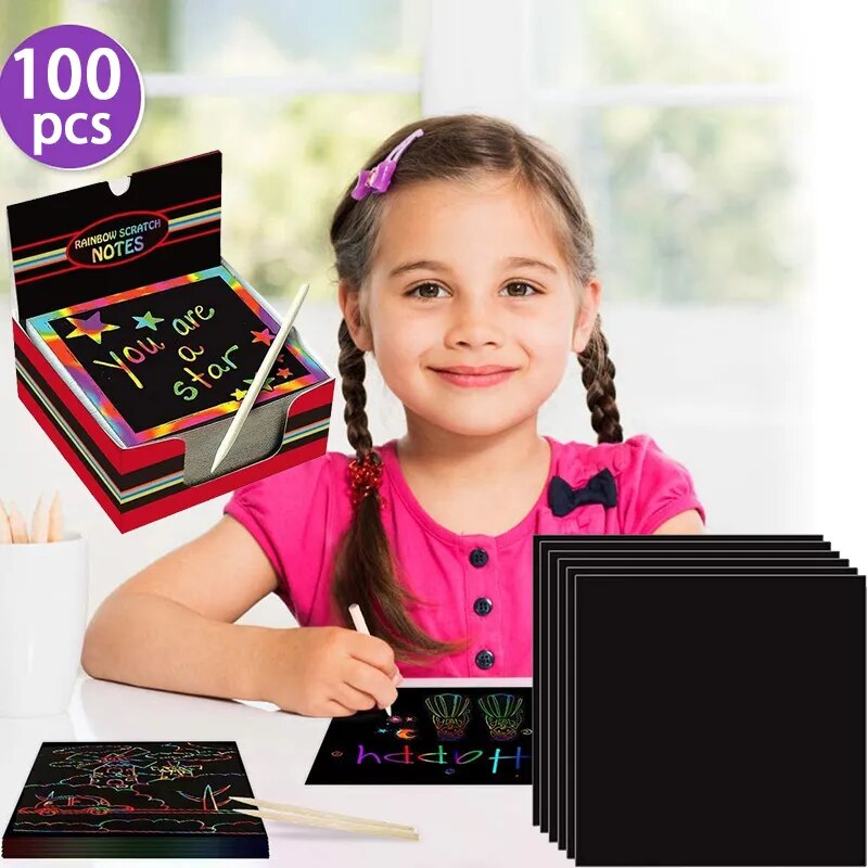 100Pcs Magic Color Rainbow Scratch Mini Notes Paper Pad Cards With Stylus Children Kids Draw Painting Toys Craft Gift DIY Toys