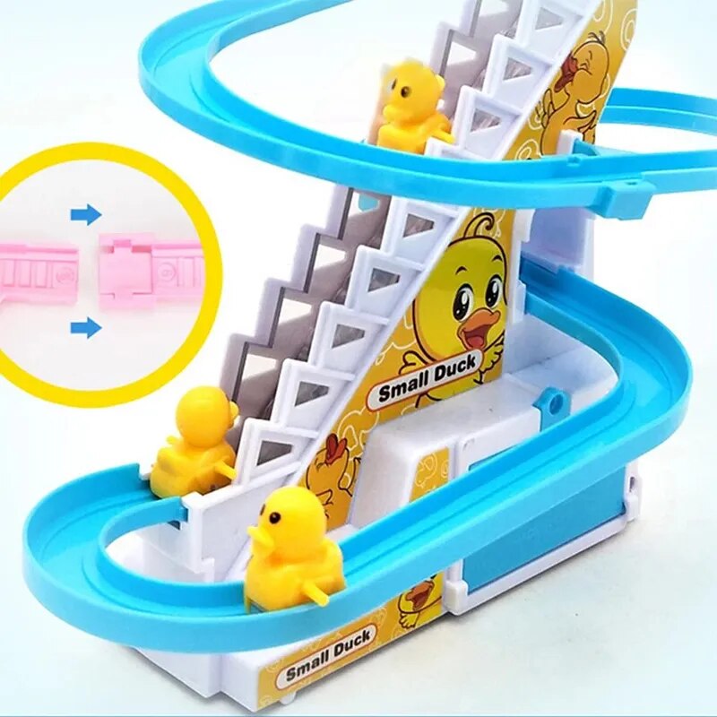New Electric Duck Climbing Stairs Track Toys Cartoon Train Duck For Children Electronic Music Kids Funny Birthday Gift