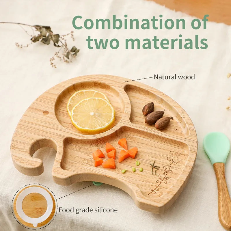Natural Bamboo Baby Weaning Set with Suction Base - Wooden Plates and Utensils Included