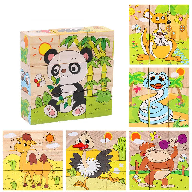 Baby Wooden Blocks Toys Children Six Side Cube Jigsaw Puzzles Game Animal Fruit Traffic Cognize Early Learning Educational Toys