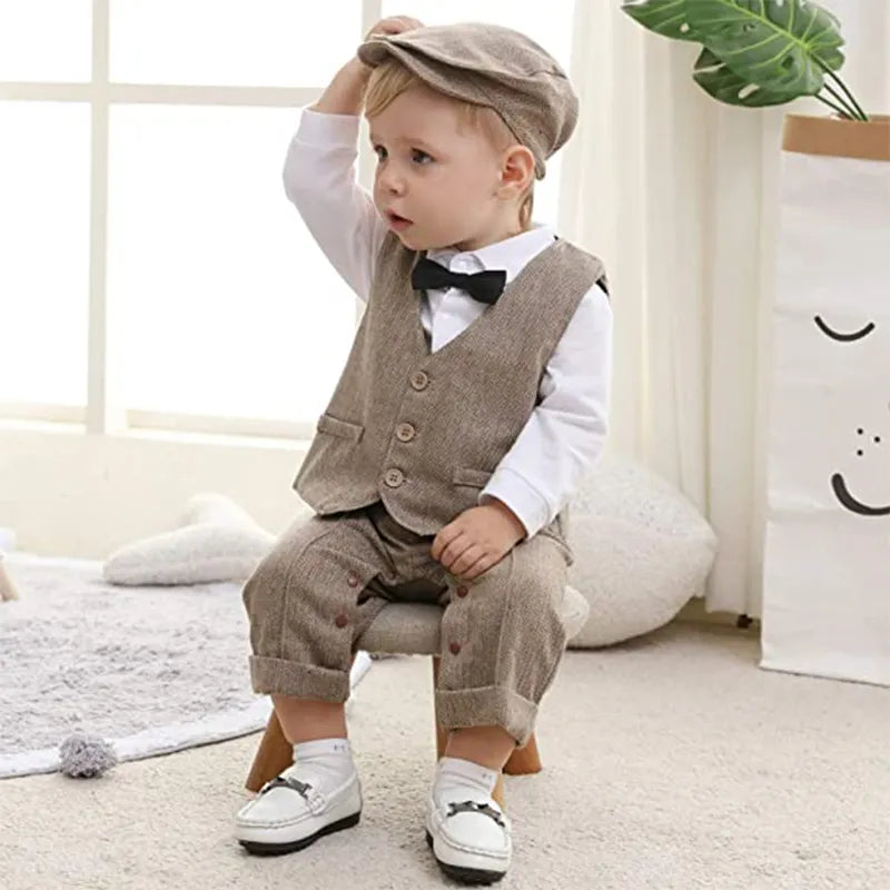 Newborn Boy Formal Clothes Set - Gentleman Birthday Romper Outfit with Hat, Vest, and Long Sleeve Jumpsuit Suit
