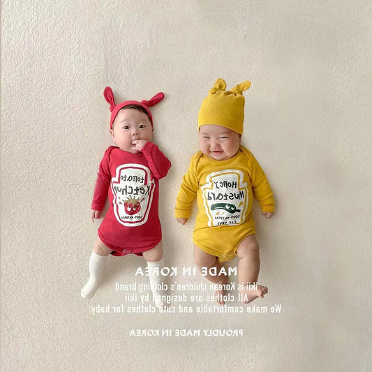 Korean Fruit Letter Print Newborn Baby Bodysuit Onesie with Hat - Spring Harbin Clothing for Boys