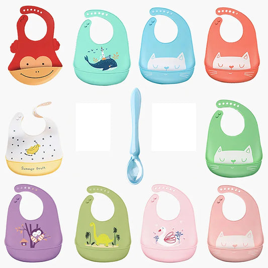 Silicone Baby Bib - Waterproof Kids Boy Girl Feeding Apron, Adjustable Feeding Bib, Food-Grade Cartoon Burp Scarf, Toddler Burp Bib